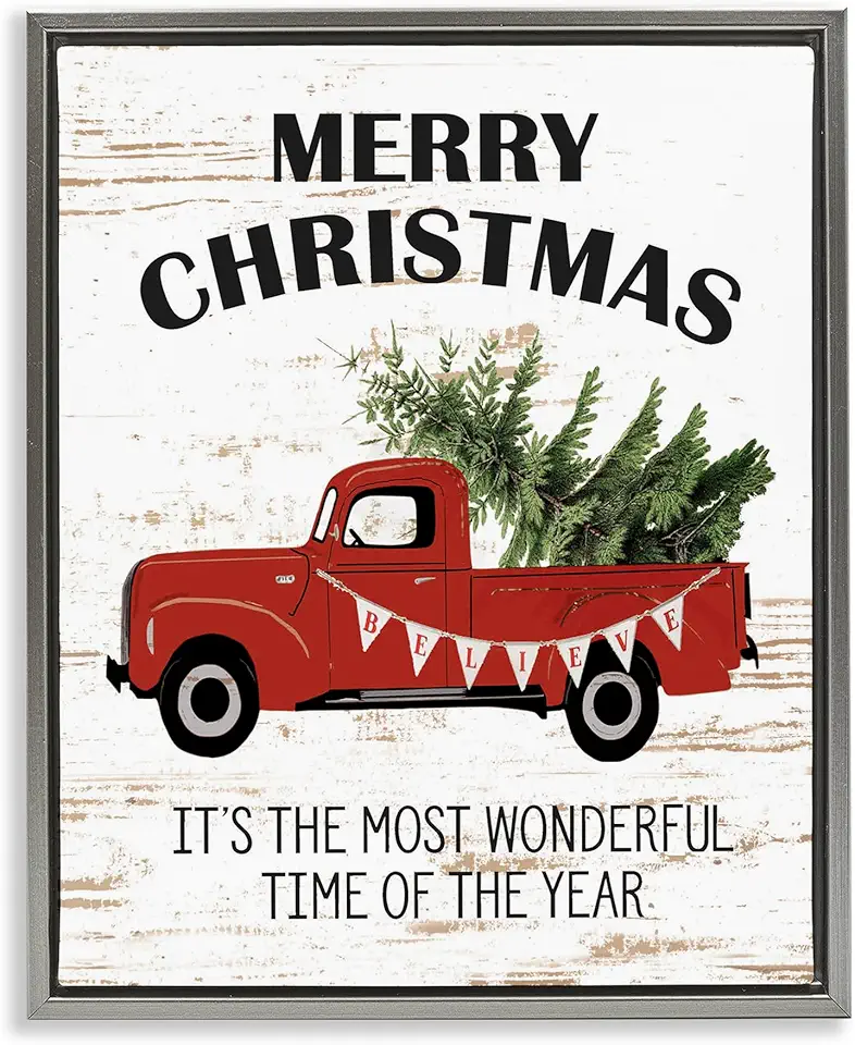 Stupell Industries Christmas Most Wonderful Time Vintage Truck Framed Floater Canvas Wall Art by Lettered and Lined