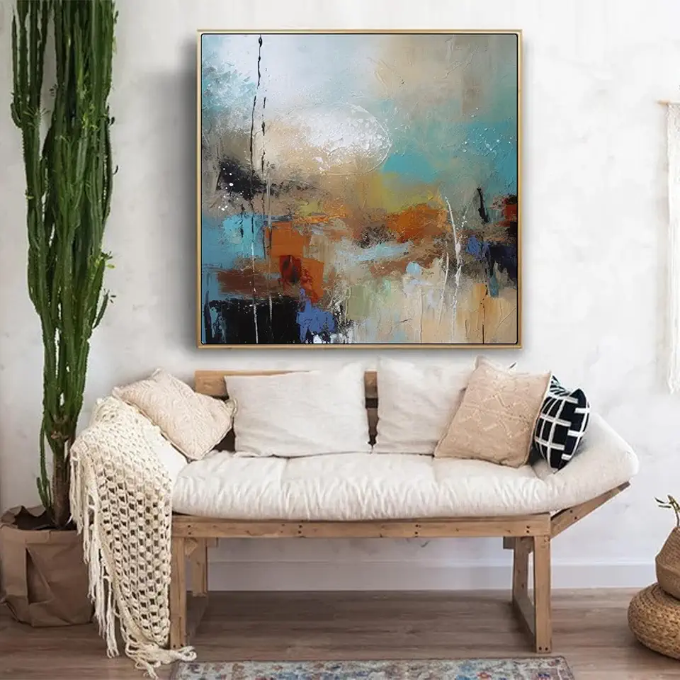 Blue Painting,Brown Minimalist Painting,Wall Painting,Textured Wall Art, Minimalist Art,Home Decor,Netural Wall Art,Unstretched,Frameless,(183X183cm) 72X72Inches