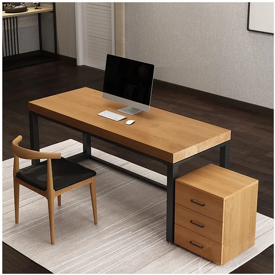 Computer Desk Home Office Solid Wood Table Computer Desk, with 3 Layers Solid Wood Drawer cabinets and Chairs, Metal Legs/5CM Pine Table Top, 240x100x75cm