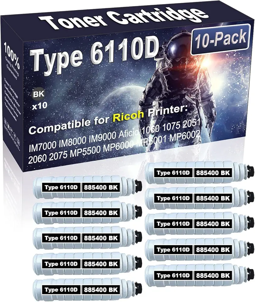 10-Pack (Black) Compatible High Yield 885400 (Type 6110D) Imaging Toner Cartridge Use for Ricoh IM7000 IM8000 IM9000 Aficio 1060 1075 2051 2060 2075 Printer (43,000 Pages)