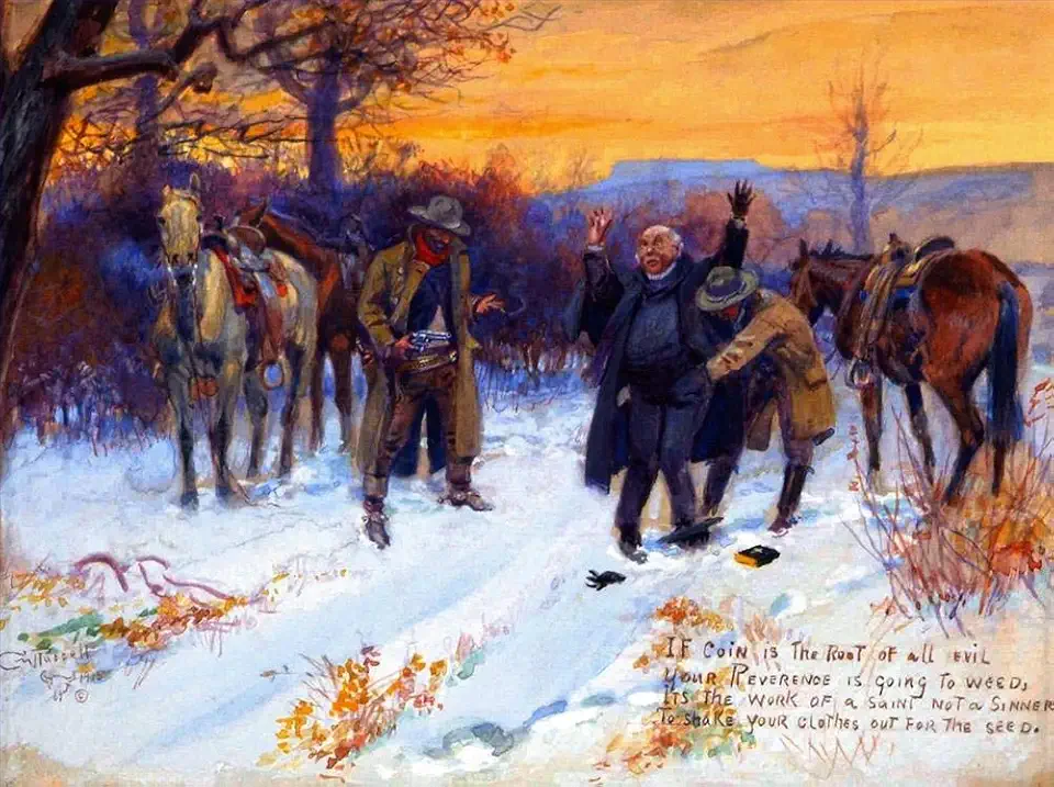 Toperfect 26 Paintings fleecing the priest 1915 Charles Marion Russell Indiana cowboy ANW2 Oil Art on Canvas - Famous Artworks -Size04, $50-$2000 Hand Painted by Art Academies' Teachers