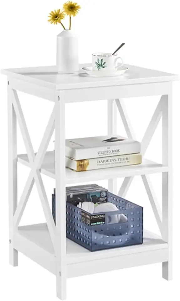 3 Tier X Shape Square End Table Storage Cabinet, White, Dining Table