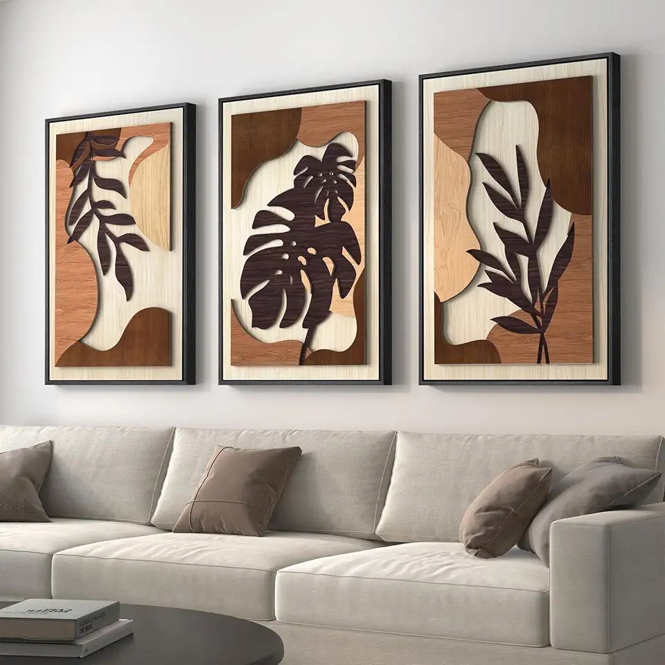 Framed Textured Wood 3D Wall Art for Living Room, Large Boho Tropical Brown Artwork for Walls, 3 Piece Farmhouse Botanical Leaf Wood 3D Textured Wall Art Decor for Office Bedroom Hallway, 24x36 Inch