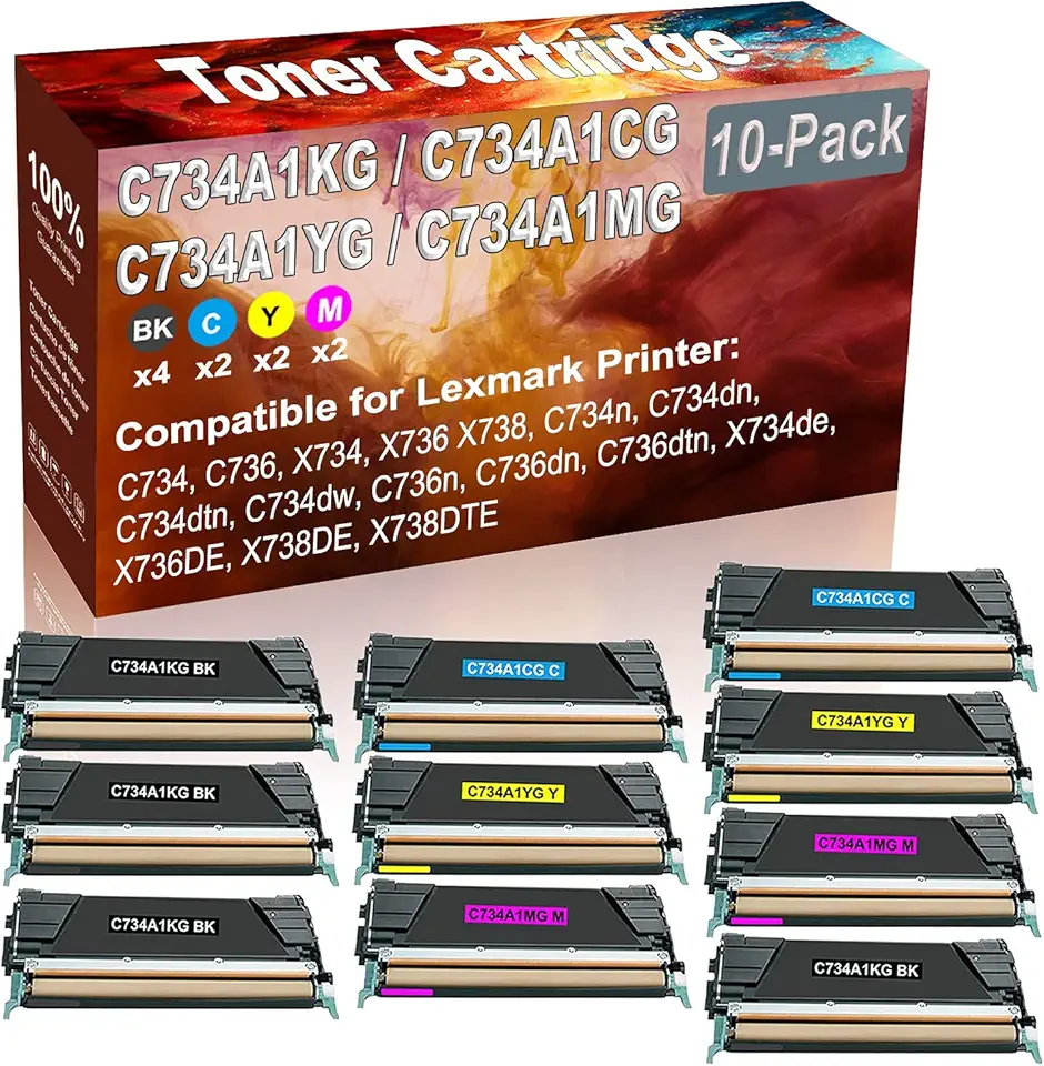 10-Pack (4BK+2C+2Y+2M) Compatible C734 C736 X734 X736 X738 C734n Laser Toner Cartridge (High Capacity) Replacement for C734A1KG C734A1CG C734A1YG C734A1MG Printer Toner Cartridge