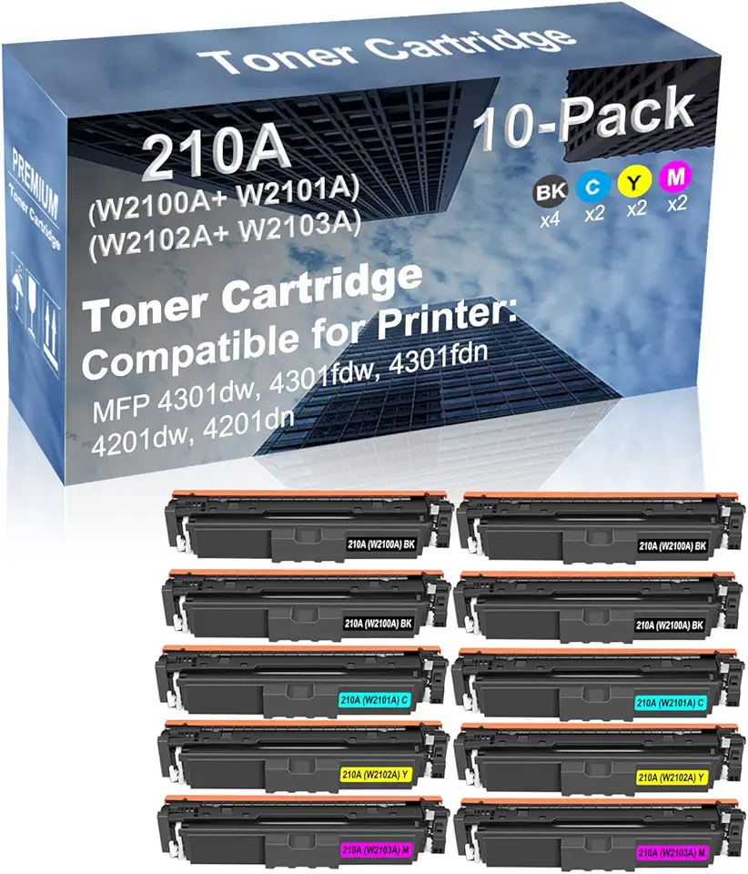 10-Pack (4BK+2C+2Y+2M) Compatible MFP 4301dw, 4301fdw, 4301fdn; 4201dw, 4201dn Printer Toner Cartridge High Capacity Replacement for 210A (W2100A+ W2101A+ W2102A+ W2103A) Toner Cartridge (with Chip)