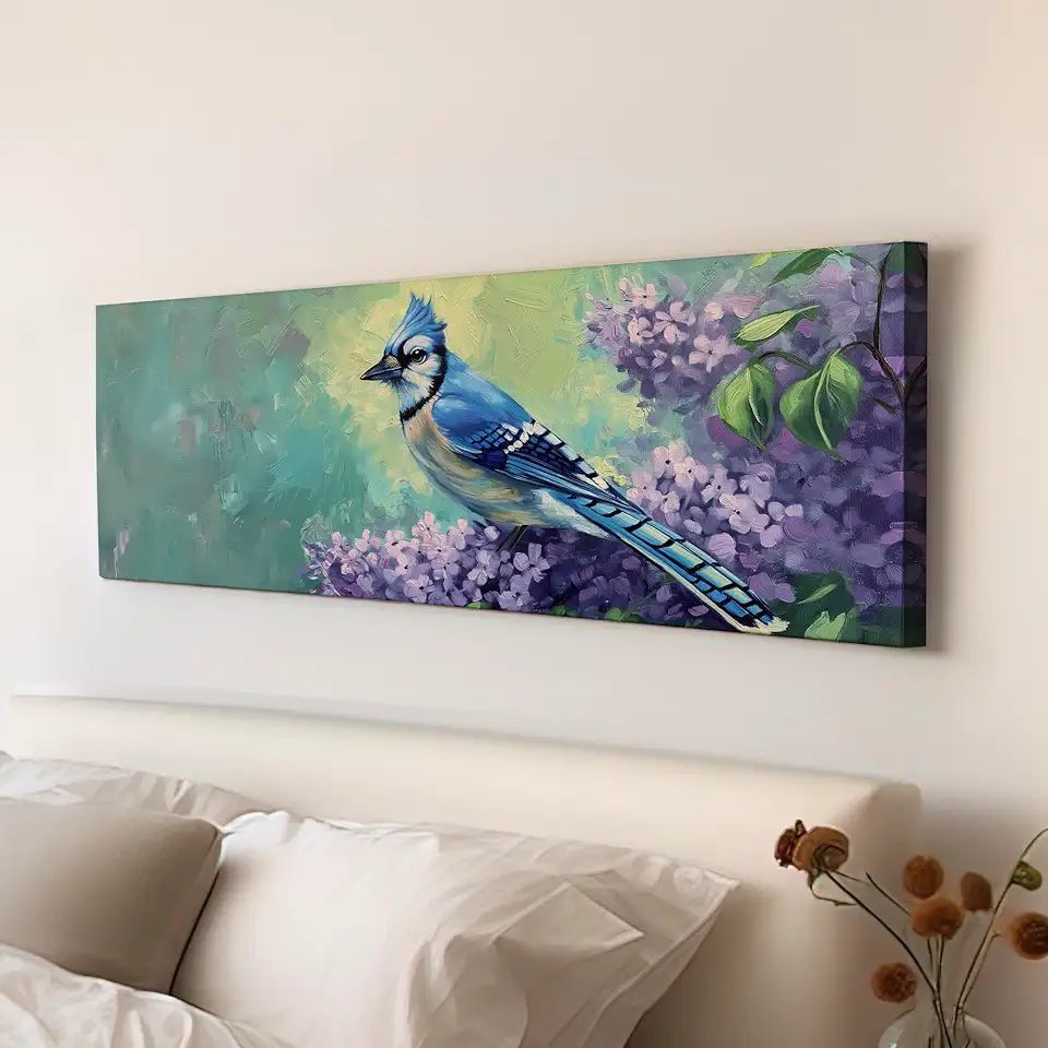 My Sweet Hideout Bluejays On A Purple Flower Above Bed Wall Art Nature, Panoramic Forest Canvas Print, Abstract Long Horizontal Canvas Art 30x90