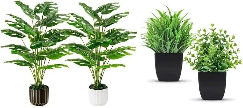 Quiet 2pcs of Turtle-Back Bamboo and 2pcs of Potted Plants, Artificial Plants, Suitable for Home Office Shelves Used for Dining Table Center, Wedding Parties, and
