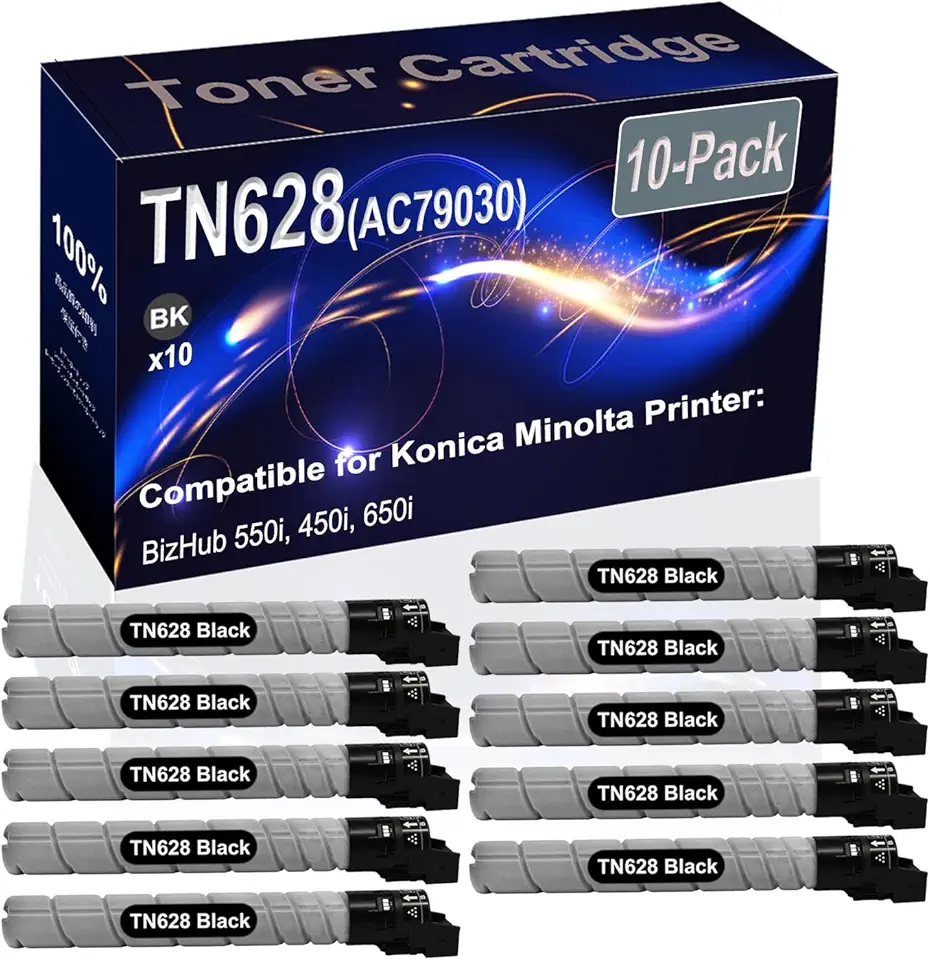 10-Pack (Black) Compatible High Yield TN-628 TN628 (AC79030) TN628K Laser Printer Toner Cartridge use for Konica Minolta BizHub 550i 450i 650i Printer