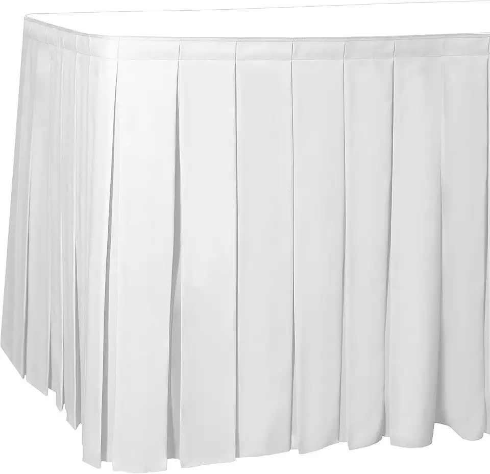 Ultimate Textile Box Pleat Polyester Fabric Table Skirt - Machine Washable, Flame Resistant, Cut and Sewn in New Jersey - White, 14' Box Pleat - 42