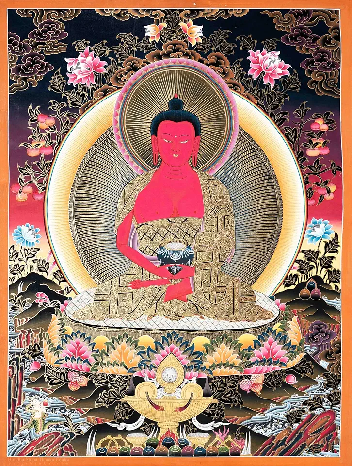 Amitabha Buddha Thangka – A Stunning Hand-Painted Representation of the Buddha of Infinite Light, Crafted with Antique Materials, Vibrant Mineral Colors, and Adorned with Genuine 24-Carat Gold, 61✕46 cm