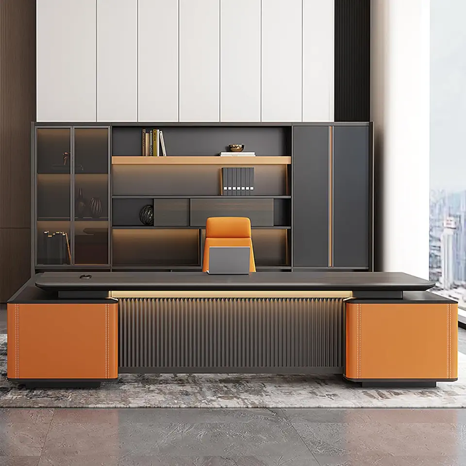 Modern Executive Desk for CEO Boss Manager with Light Strip, L-Shaped Computer Desk with Drawers Business Furniture Set Workstation for Home Office with USB Power Outlet