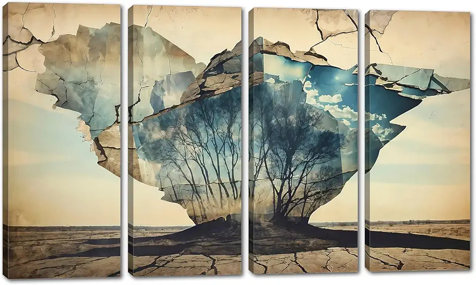 80 x 50 TOTAL - Surrealism Wall Art Trees rising from barren desert Canvas Print, office art - 4 Panel Split