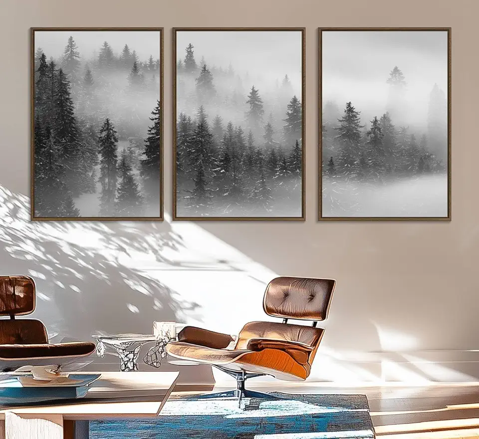 Foggy Misty Forest Canvas Wall Art – Black and White Landscape – Framed and Ready to Hang Modern 3 Panel Floating Frame/Walnut / 90