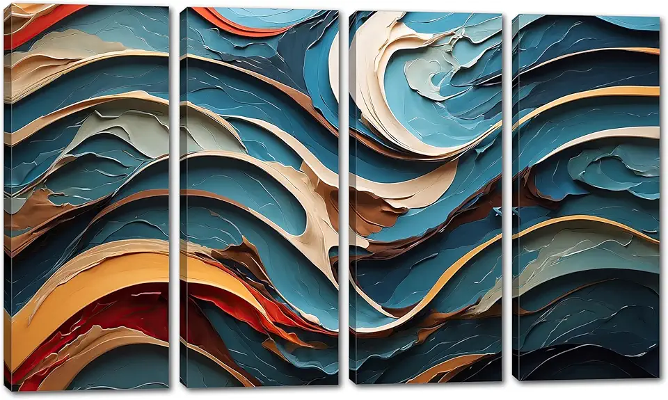 80 x 50 TOTAL - Abstract Dynamic Wave Canvas Wall Art 4 Panel Split Teal, Blue, Orange Flow Print - Flat 2D Giclee