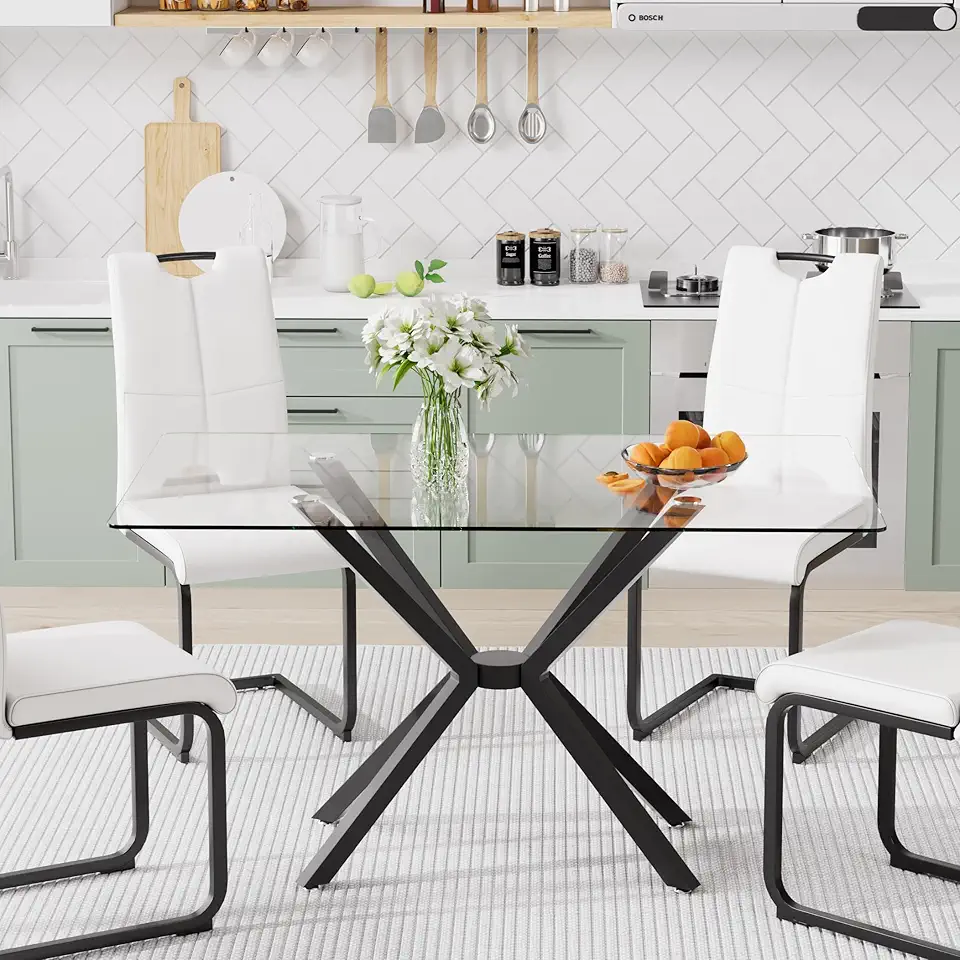 Sponsored Ad - Modern 47 Inch Glass Dining Table for 4-6, Clear Tempered Glass Kitchen Table with Rectangular Tempered Glass Top & Black Metal Legs, Large Dinner Table for Dining Room, Kitchen, Living Room