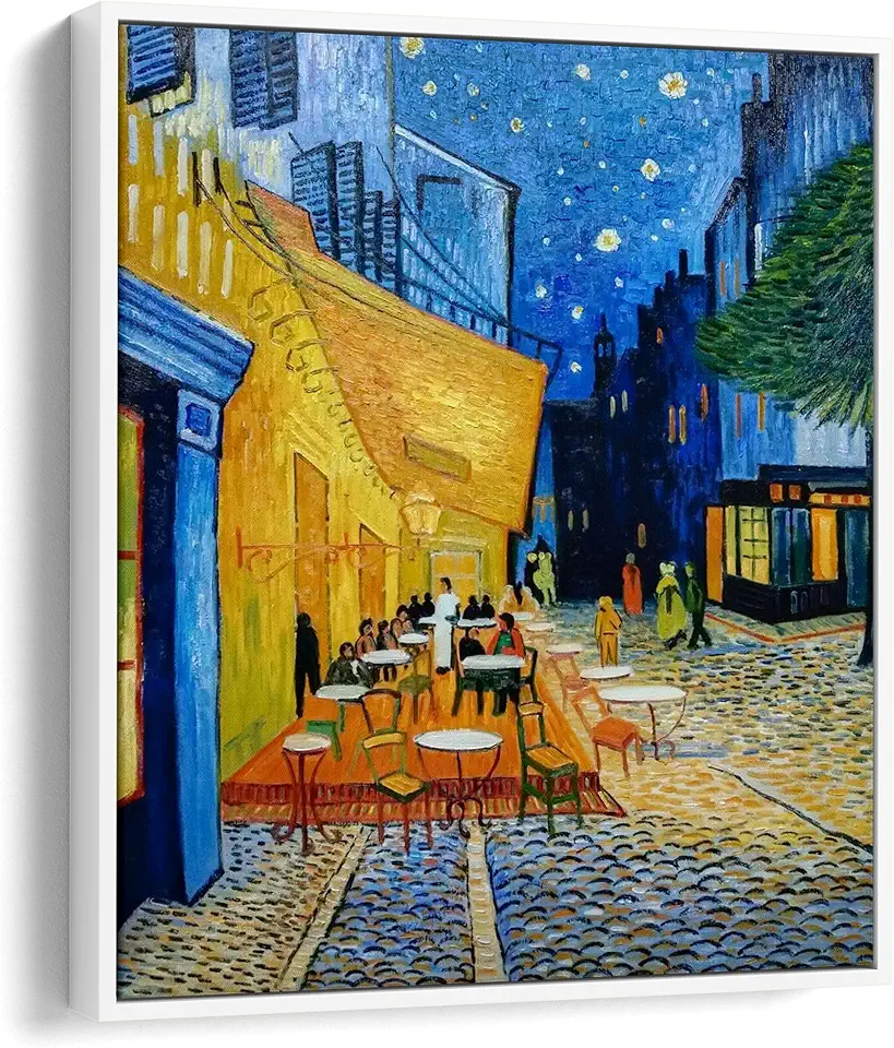BrushWiz - Cafe Terrace At Night by Vincent van Gogh - 100% Hand Painted Oil Painting Reproduction on Canvas, Museum Quality, Wall Decoration for Home and Office (Framed: 32