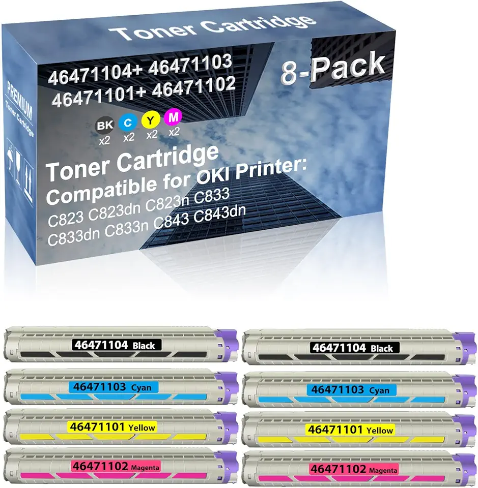 8-Pack (2BK+2C+2Y+2M) Compatible High Capacity 46471104+ 46471103+ 46471101+ 46471102 Toner Cartridge Used for C823 C823dn C823n C833 C833dn C833n C843 C843dn Printer