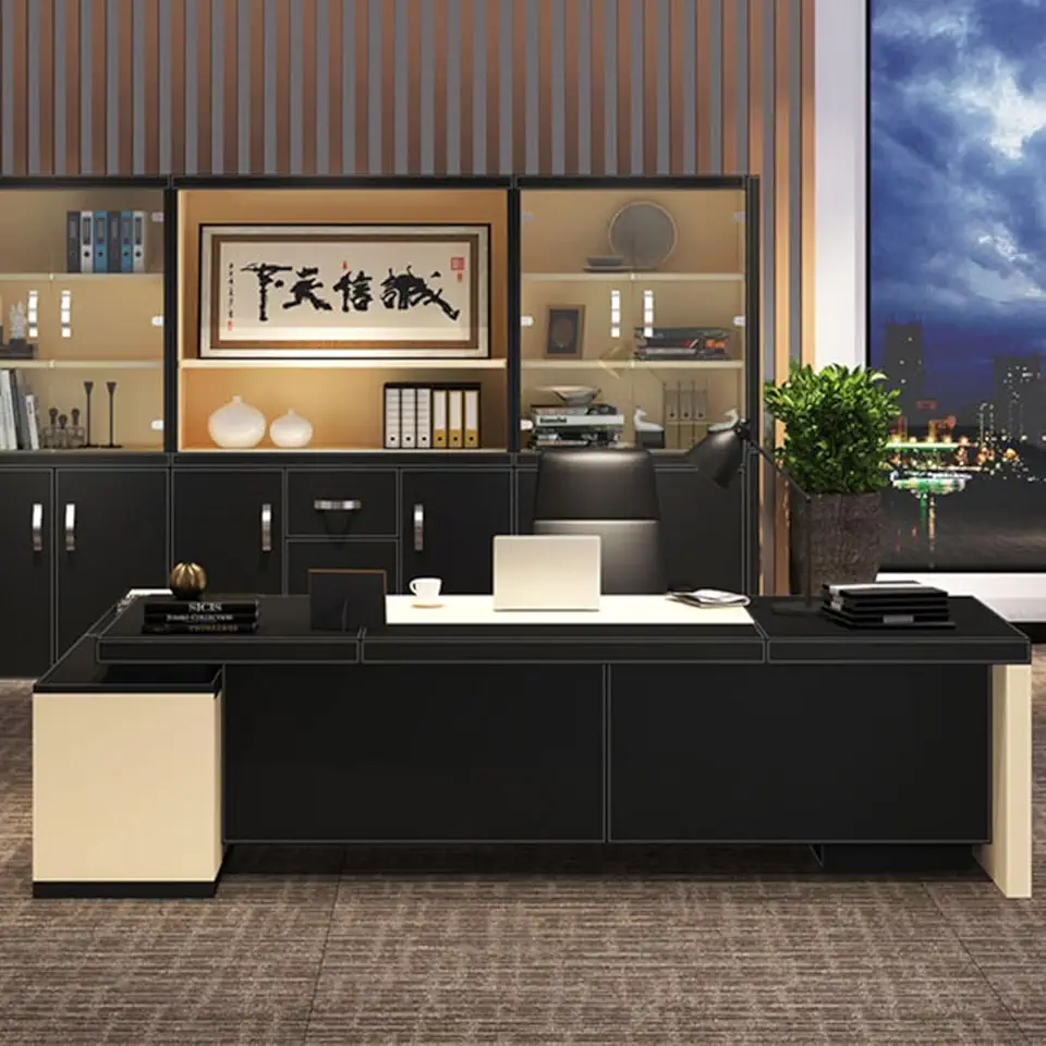 Black L Shaped Executive Office Desk, Computer Desk with File Drawers Writing Study Table Business Furniture Set for CEO Boss