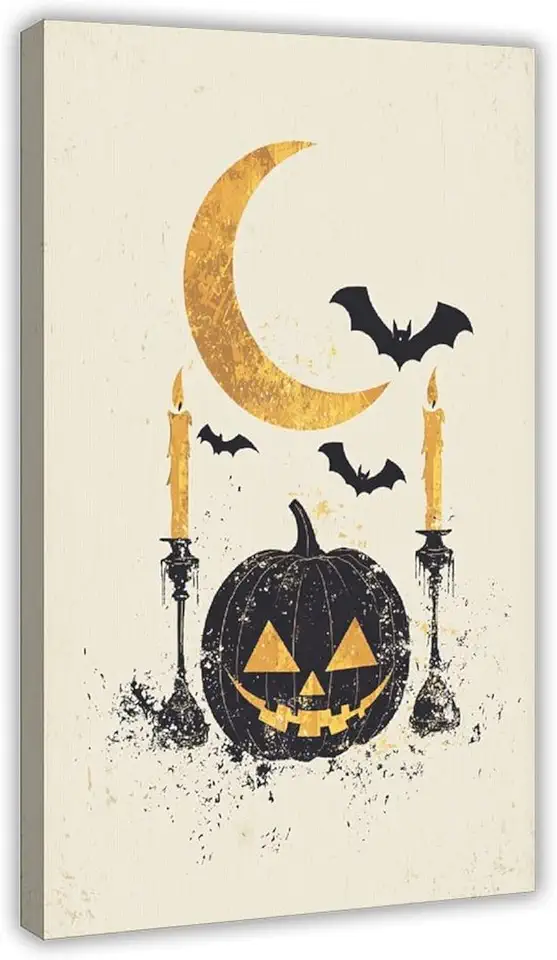 Modern Minimal Halloween Canvas, Abstract Pumpkin Outline with Bats And Moon – Stylish Holiday Wall Poster for Home & Party Decor Canvas Art Poster And Wall Art Picture Print Modern Family Bedroom Dec