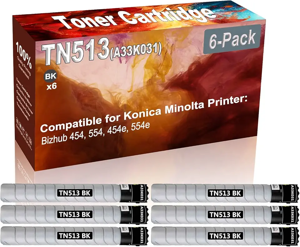 6-Pack (Black) Compatible TN513 TN-513 (A33K031) Printer Toner Cartridge (High Capacity) fit for Konica Minolta Bizhub 454, 554, 454e, 554e Printer