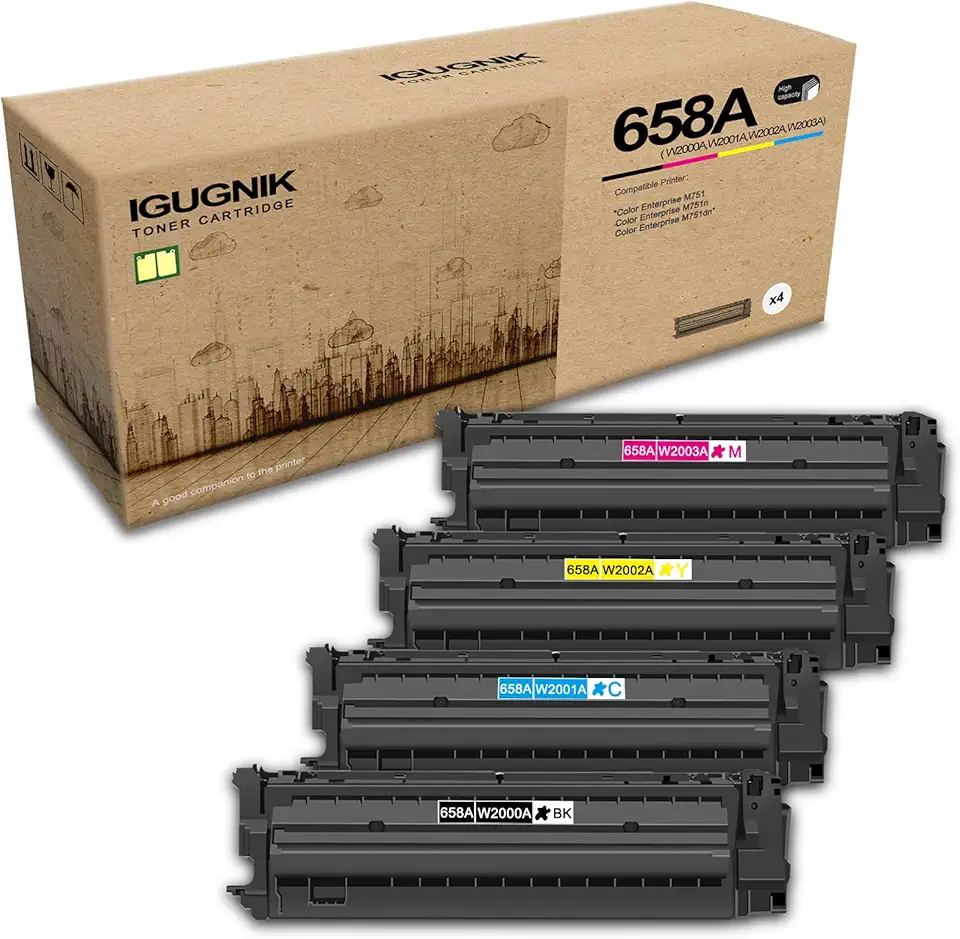 4-Pack 1BK/1C/1M/1Y 658A W2000A W2001A W2002A W2003A High Yield Toner Cartridge(with chip), Replacement for HP 658A W2000A W2001A W2002A W2003A for Color Enterprise M751 M751n M751dn Printer