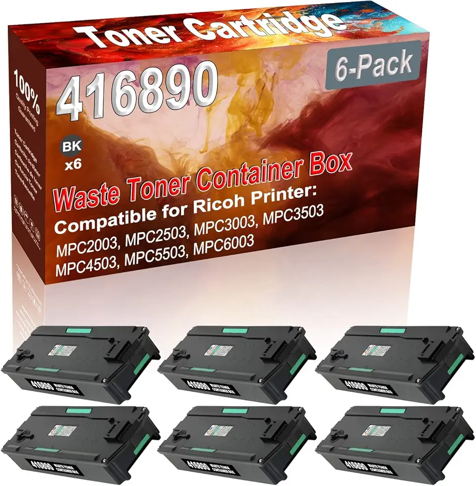 6-Pack (Black) Compatible 416890 Waste Toner Container Box (High Capacity) fit for Ricoh MPC2003 MPC2503 MPC3003 MPC3503 MPC4503 MPC5503 MPC6003 Printer