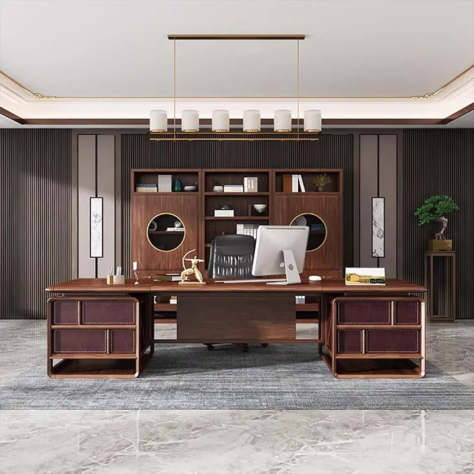 New Chinese Solid Wood President Boss Desk Executive Desk Office Supervisor Computer Desk Study Furniture Single Desk Office Long Boss Desk Brown