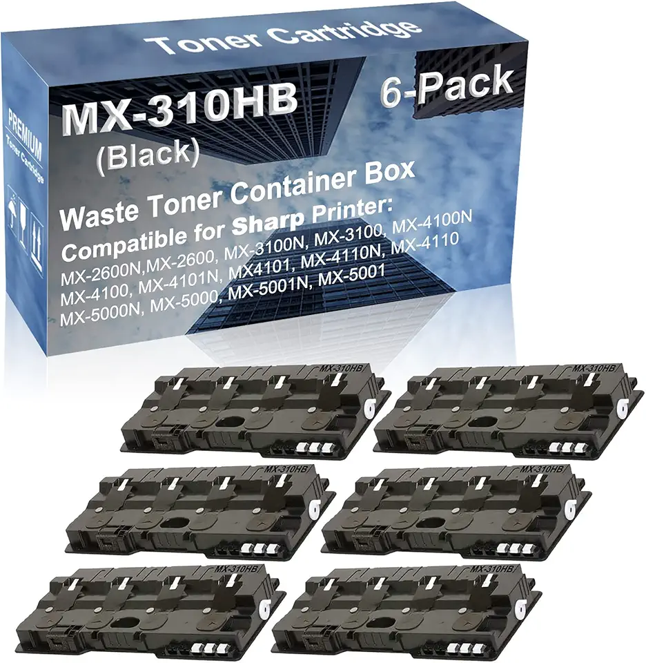 6-Pack Compatible High Capacity MX-310HB MX310HB Waste Toner Container Box use for Sharp MX-2600N,MX-2600, MX-3100N, MX-3100, MX-4100N Printer (Black)