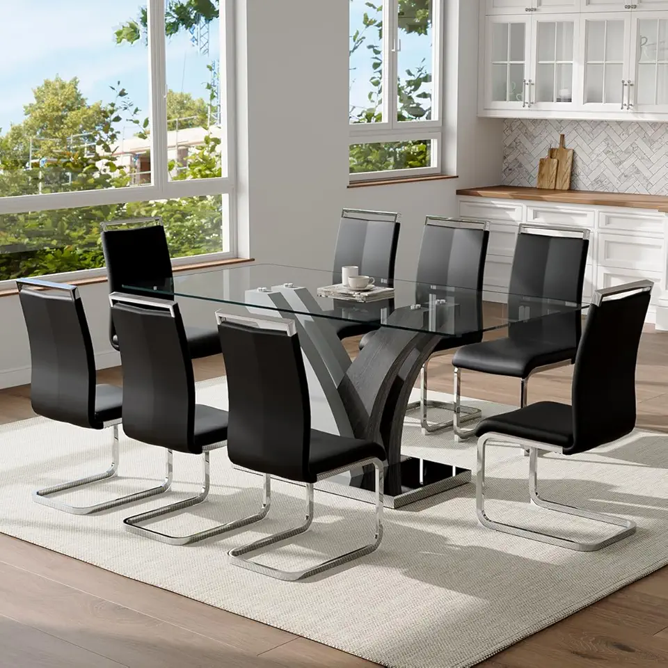 Sponsored Ad - Glass Dining Table Set for 8, 71” Kitchen Table Set for 8, Large Dining Room Table Set with Black PU Leather Chairs, Rectangular Tempered Glass Tabletop with Stable Silver Base