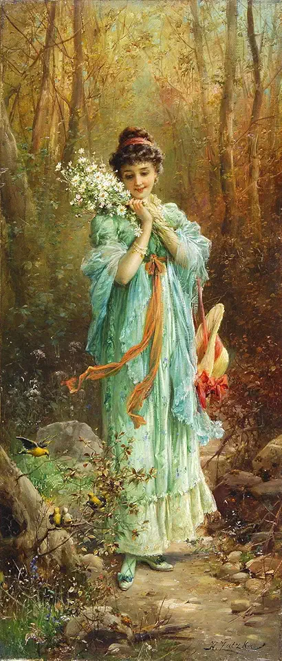 Toperfect Oil Painting Handmade $50-$2000 by College Teachers - 33 Flower Paintings - girl with flowers and birds Hans Zatzka - Famous Paintings on Canvas -Size2