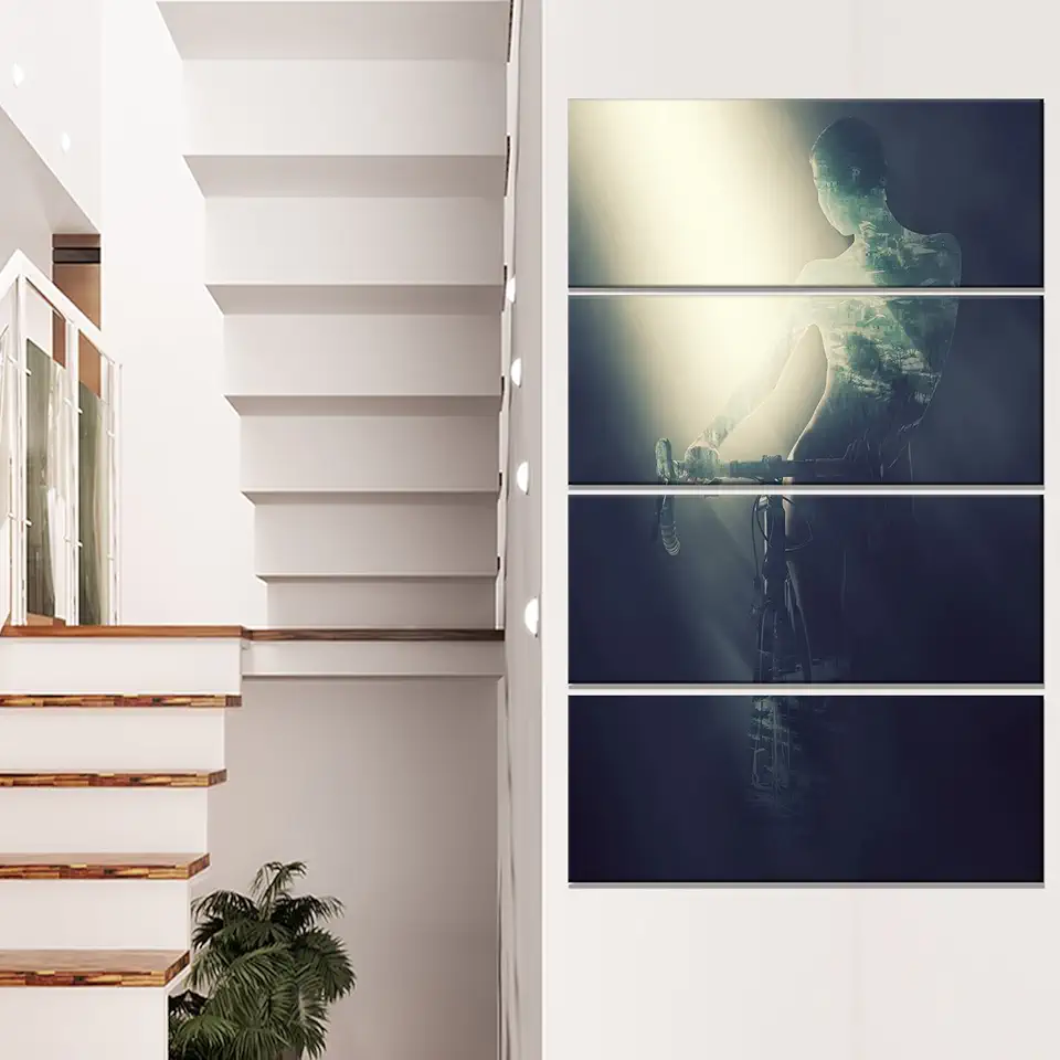 Designart Woman with Bicycle in Spotlight Modern Portrait Canvas Wall Art, 28'' H x 48'' W x 1'' D 4P