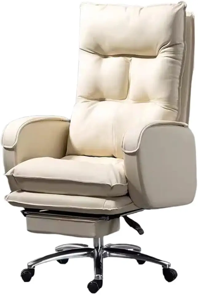 Ergonomic Office Chair Comfortable Sedentary Office Chair Household Reclining Computer Chair Lazy Sofa Chair Microfiber PU Leather Swivel Chair Desk Chair (White One Size)