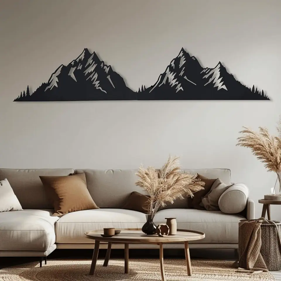Metal Mountain Wall Art, Large Horizontal Mountain Artwork for Living Room, Stunning Metal Wall Decor in Black, White, Silver, and Gold, for Home or Outdoor Spaces (Silver, 79