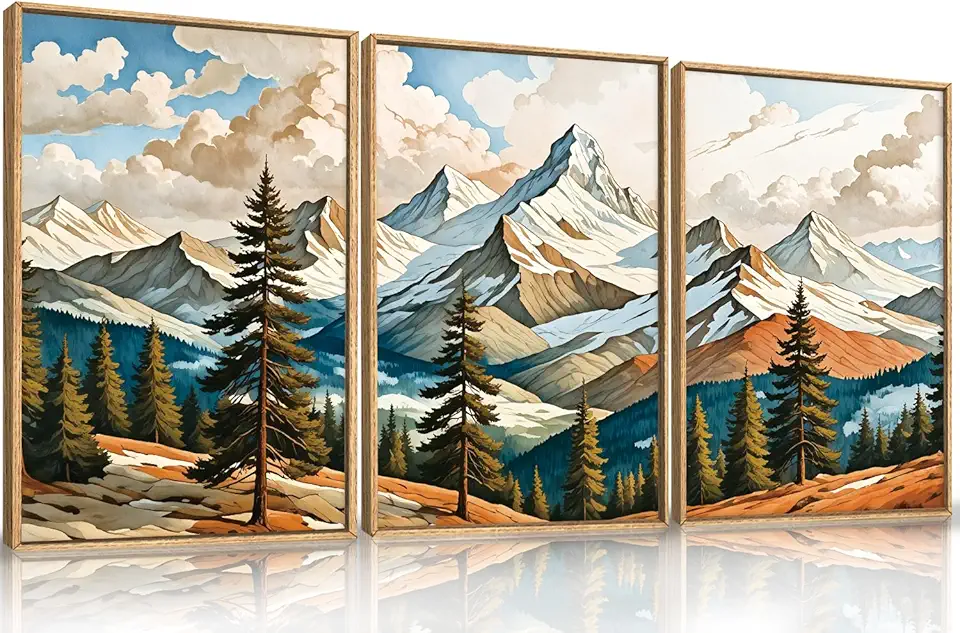 Large Woodcut Style Mountains Framed Canvas Wall Art,Vintage Pine Trees Wall Decor,Boho Natural Snow Ridge Artwork,Modern Woodland Landscape Art Print for Living Room,Bedroom,Office- 16
