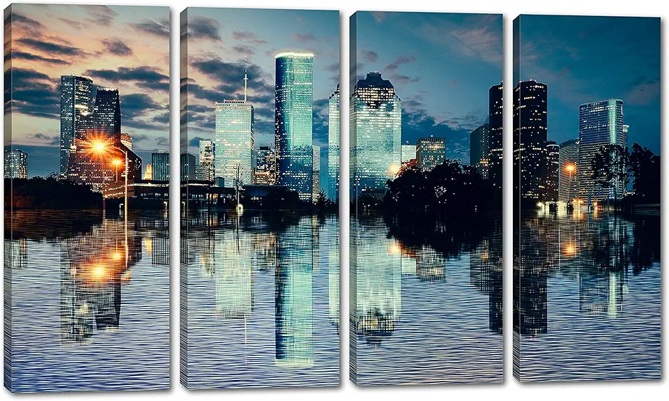 80 x 50 TOTAL - Houston Texas Skyline Wall Art Canvas Print blue tone 4 Panel Split Houston TX, Downtown