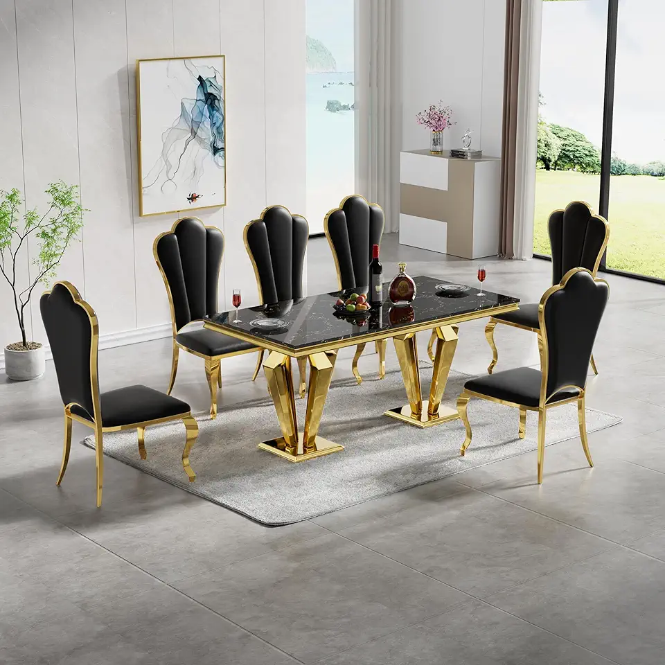 Marble Dining Table Set for 6, 7 Piece Gold Kitchen Dining Room Table Set and 6 Leather Upholstered Chairs w/Flower Backrest Stainless Steel Legs, Modern Faux Marble Kitchen Dining Table and Chairs