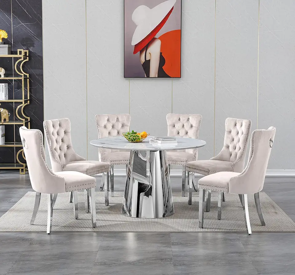 7 Piece Round Dining Table Set w/ 6 Beige Dining Chair,White Faux Marble Dining Table and Chairs Set for 6,Round Kitchen Dining Room Table Set for 6,White and Silver Marble Dining Table Set for 6