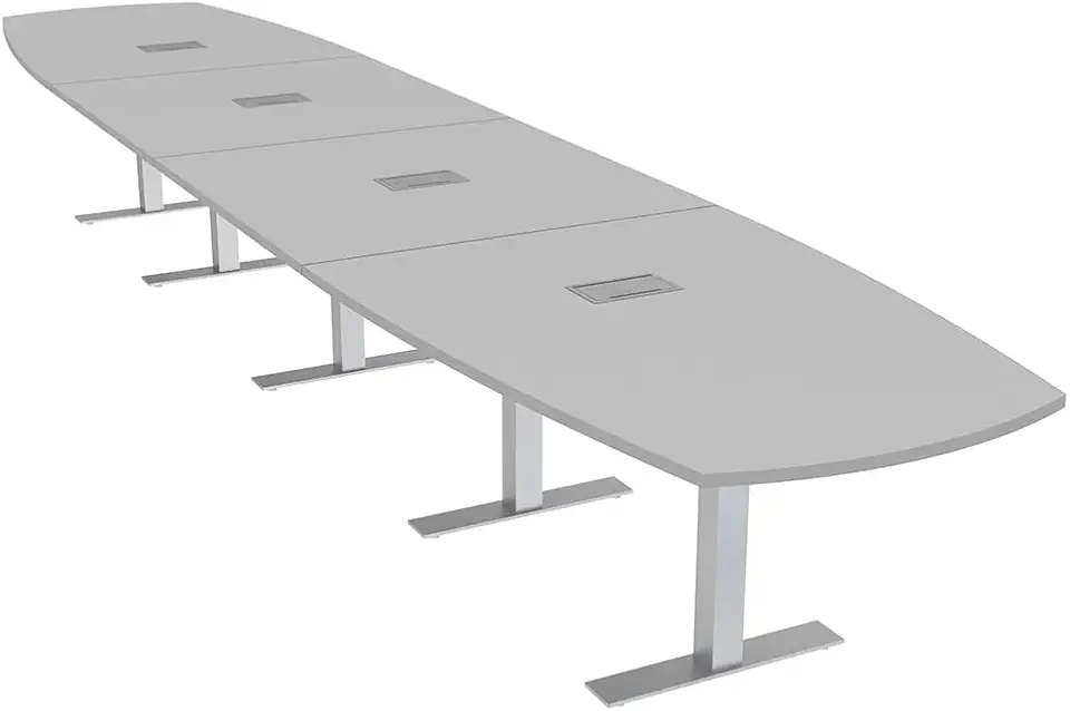 SKUTCHI DESIGNS INC. 20' Large Arc Boat Modular Conference Table with Data and Power | 20 Person Boardroom Table |Metal T Bases | Harmony Series | Light Gray