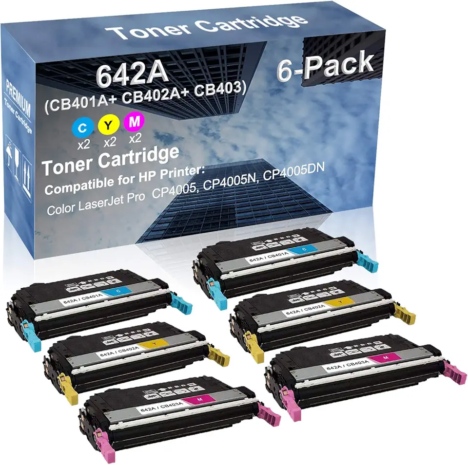 6-Pack (2C+2Y+2M) Compatible CP4005, CP4005N, CP4005DN Printer Toner Cartridge High Capacity Replacement for (CB401A+ CB402A+ CB403A) 642A Toner Cartridge