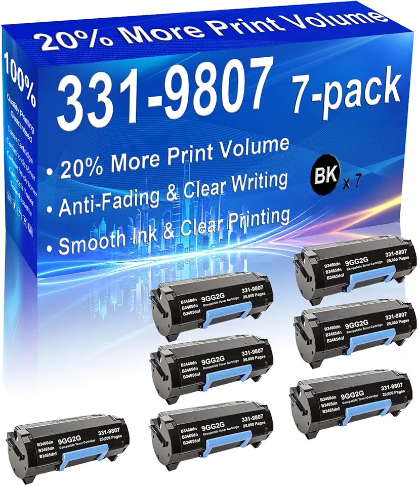 7-Pack (Black) Compatible High Yield 331-9807 Printer Toner Cartridge use for B3460 B3460dn B3465 B3465dn B3465dnf Printers