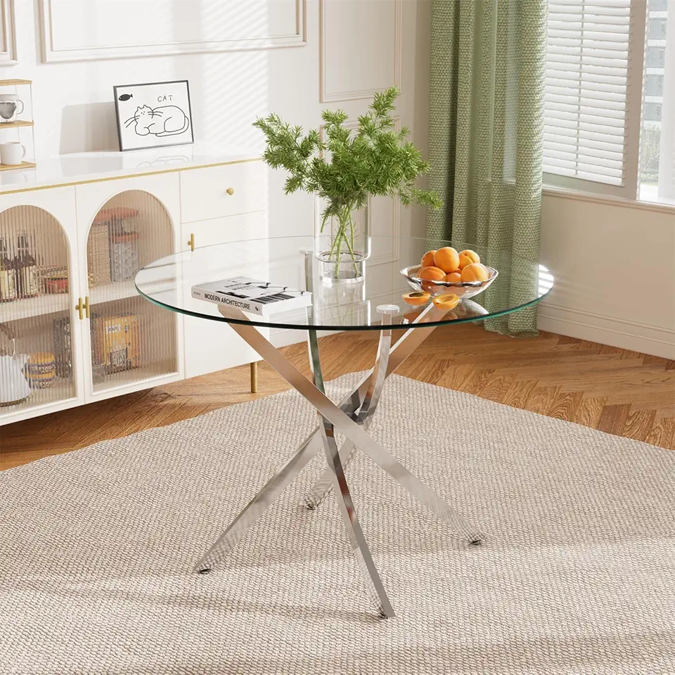 yeag 36'' Small Round Glass Dining Table for 4, Circle Clear Tempered Glass Tabletop with Silver Chrome Metal Legs, Adjustable Foot Pads, Modern Dinette Table for Kitchen, Dining Room, Living Room
