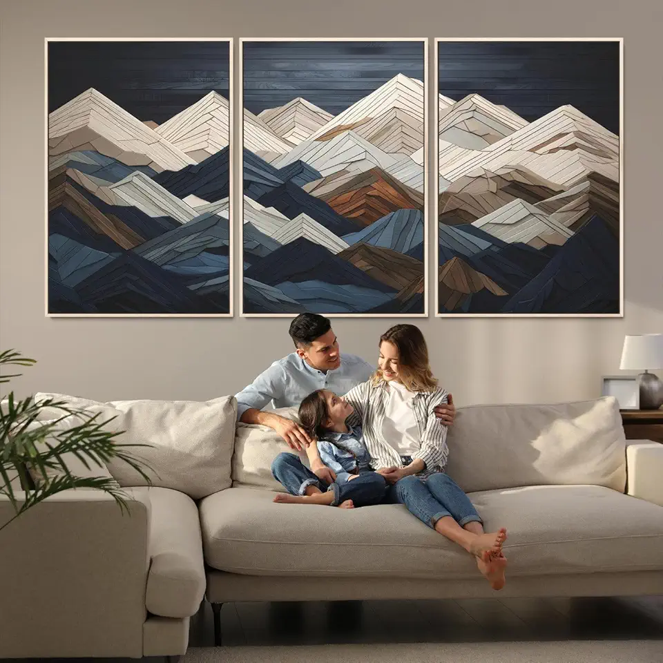 Sami Eymur Wood Mountain Range Wall Art - Ready to Hang 3-Piece Set for Modern Rustic Decor, Abstract Wooden Design for Living Rooms Offices 3 Panel Floating Frame/Natural / 90