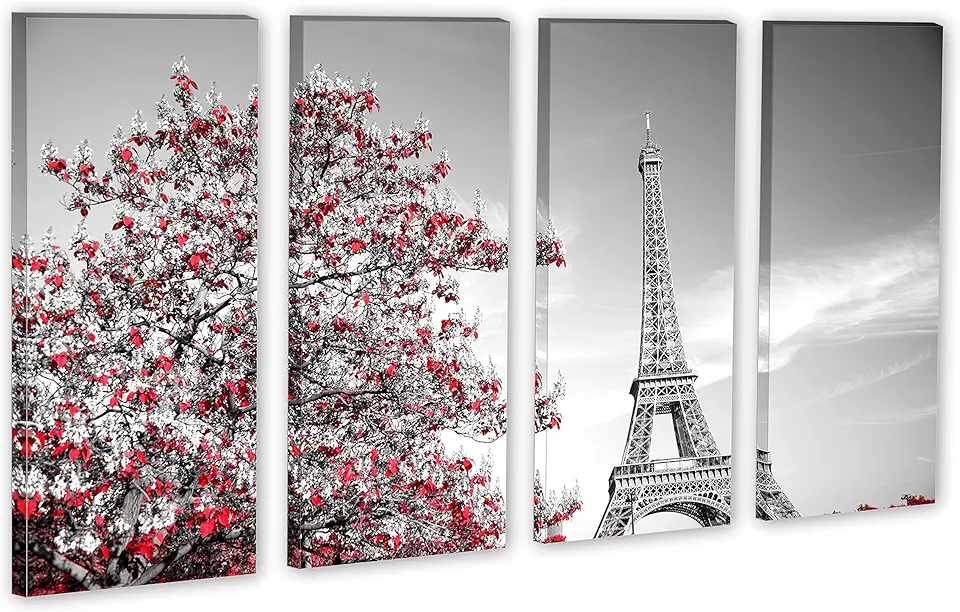 80 x 50 TOTAL - Eiffel Tower & Red Tree leaves Canvas Print 4 Panel Split. Paris France Wall Art decor