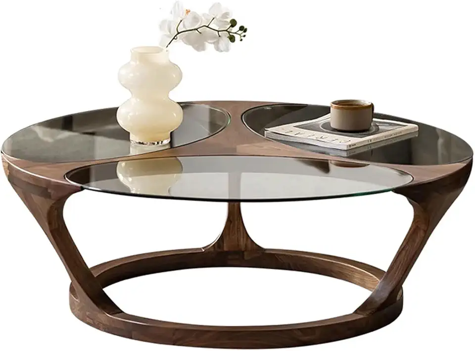 Glass Coffee Table, Solid Wood Tea Table with Glass Top, Small Accent Desk for Small Spaces, Mid Century Modern Center Desk for Living Room 100 * 100 * 34cm