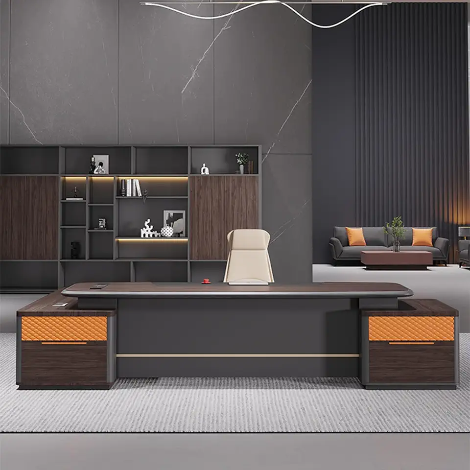 Brown L Shaped Executive Office Desk, Computer Desk with File Drawers, Writing Study Table Study Table for CEO Boss