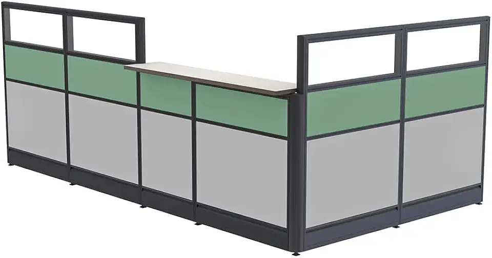 SKUTCHI DESIGNS INC. L-Shaped Glass Reception Cubicle | Reception Desk with Storage | Transaction Counter | Emerald Cubicle Collection | 6x11x52 H | Sea Salt