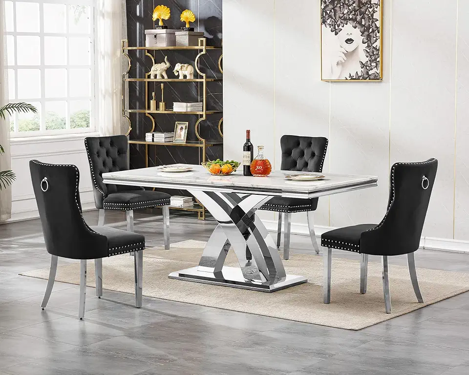 5 Piece Dining Table Set with 4 Black Dining Chair, 68'' Luxury White Faux Marble Kitchen Table Set for 4, Heavy Base Marble Dining Room Table and Chairs Set for 4
