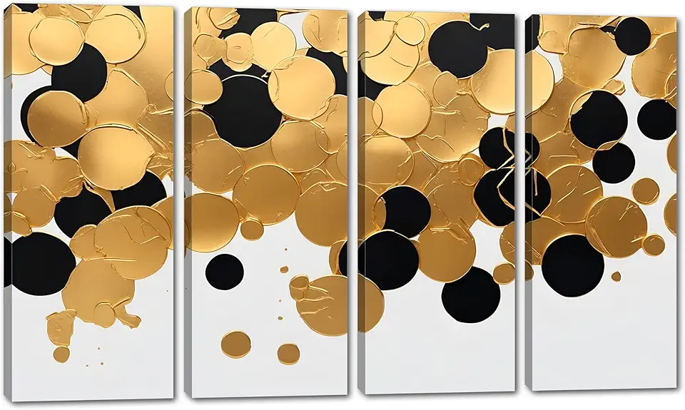80 x 50 TOTAL - Overlapping Circles Wall Art Canvas Print 4 Panel Split Modern decor of gold, black circles -Flat 2D