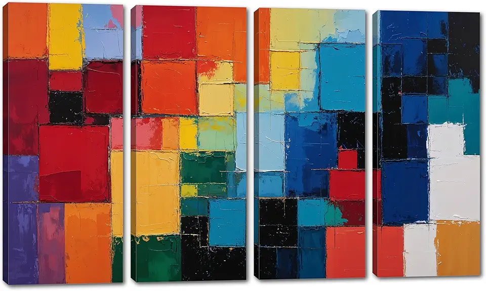 80 x 50 TOTAL - Cubism Art Abstract Print on Canvas colorful Wall Art 4 Panel Split red, orange and blue - Flat 2D