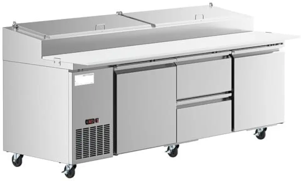 94-Inch Commercial Pizza Prep Table, 2 Door 2 Drawer Refrigerated, Stainless Steel, 33-40°F, with 12-Pan Rail, Built-in Cutting Board